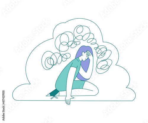 Sad Woman Sitting with Clutter or Tangled Skein Suffer from Psychic Illness Vector Illustration