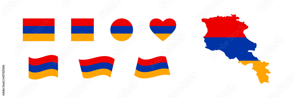 Armenia flag set and county map. Republic of Armenia national icon symbols. Isolated vector illustration