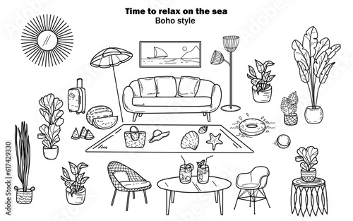 Hand drawn doodle style, beach theme, funny interior, living room with sofa and umbrella, dreams of vacation at sea with a cocktail.