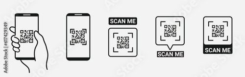QR code scan icon with smartphone, scan me barcode sign, Vector illustration eps 10 icon set.