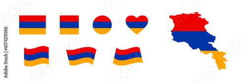 Armenia flag set and county map. Republic of Armenia national icon symbols. Isolated vector illustration