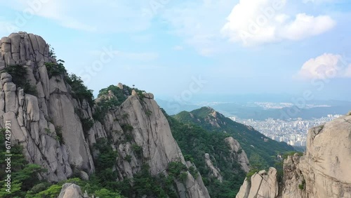 Aerial travelling above the Bukhansan National Park in Seoul, South Korea