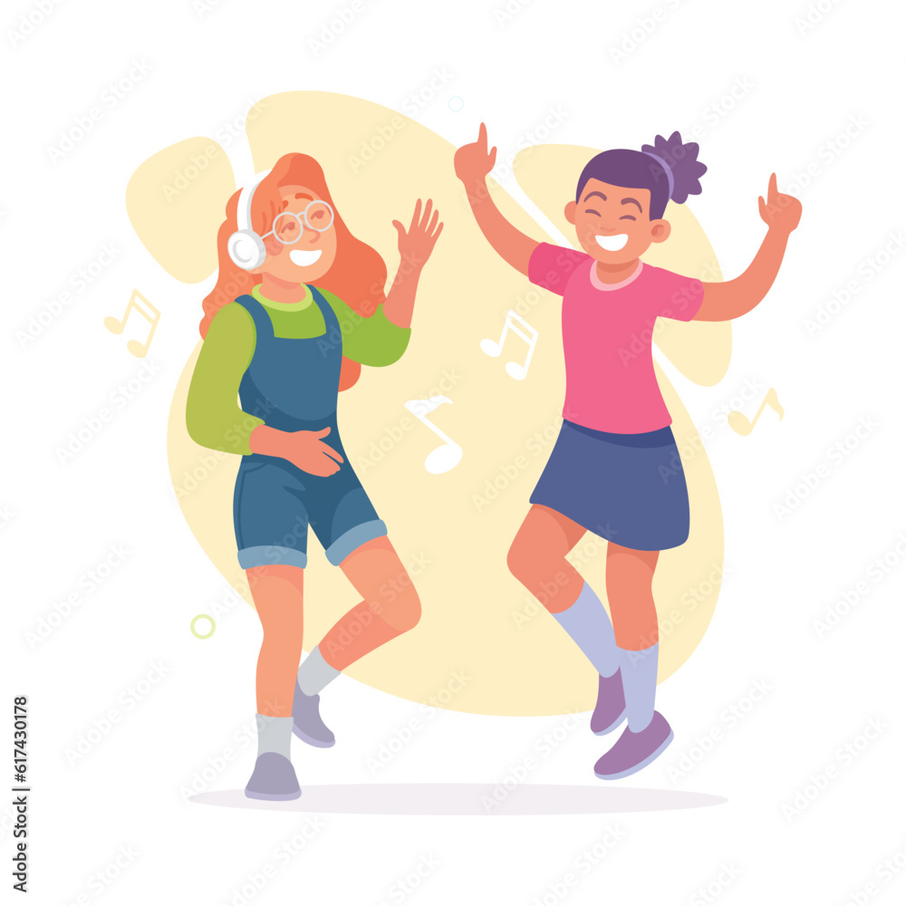 Young Girls Dancing to Music Moving Body Vector Illustration