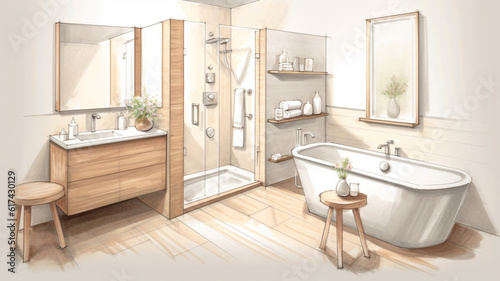 Sketch of a Bath bathroom with windows towards garden created with ai generative tools © Fox Bread