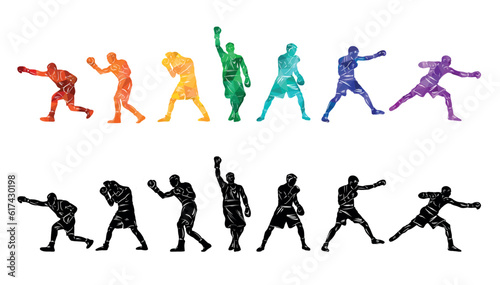 Colorful vector boxing illustration. Bright silhouettes of boxers men. Fighter.