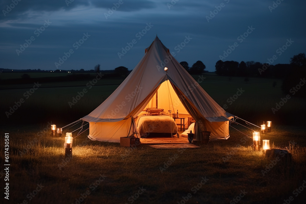 Generative AI illustration of camping tent with placed on green meadow in evening with bright lights in nature Generative AI illustration of camping tent with placed on green meadow in evening with bright lights in nature