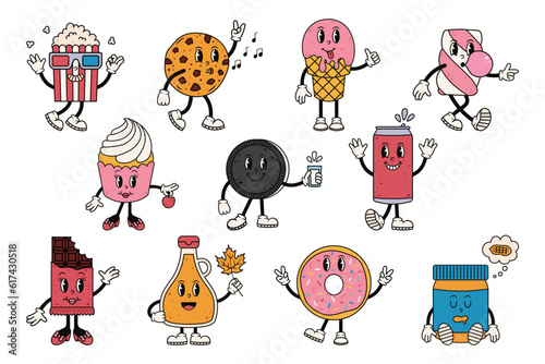 Groovy character set with sweets. Cute retro mascot. Cartoon isolated vector illustration.
