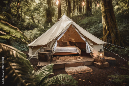 Generative AI illustration of cozy glamping tent with bed placed near carpet in green forest on sunny summer day photo