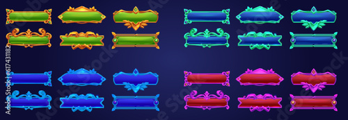 Game button gold frame ui cartoon fantasy design. Fantasy banner element for rpg menu interface in pink, red and blue color texture. Title bar panel icon with ancient ornate border shape collection