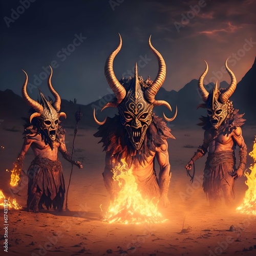 weird demonic creatures in dark desert in glow of the fire 