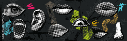 Collage vector illustration grunge banner. dotted punk halftone collage elements like lips, eyes, ears, nose mouth doodle elements on retro poster. Stylish modern advertising design