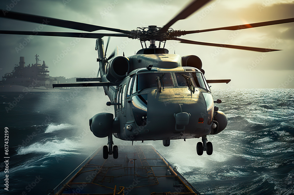 Navy Helicopter Touchdown Powerful Landing on a Warship. created with Generative AI