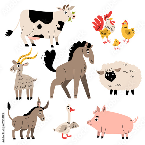 Cute Farm Animals as Livestock Breeding Vector Set