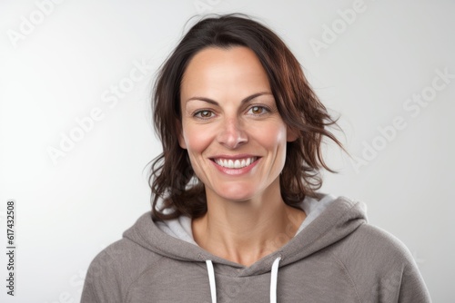 Portrait of a smiling woman in a hoodie on a white background © igolaizola