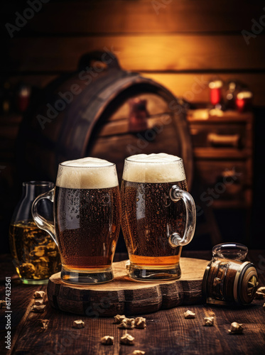 Mugs with beer on a wine barrel on a summer day
