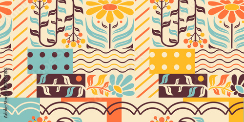 Modern minimalist flower wallpaper in Bauhaus style. Folk patchwork geometric background. Abstract geometry, Bauhaus swiss. Stylized daisies, minimal shapes, ornamental forms