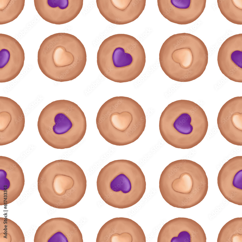 Seamless pattern with watercolor  thumbprint white chocolate and blueberry jam heart shaped cookie. Watercolor cookie illustration.