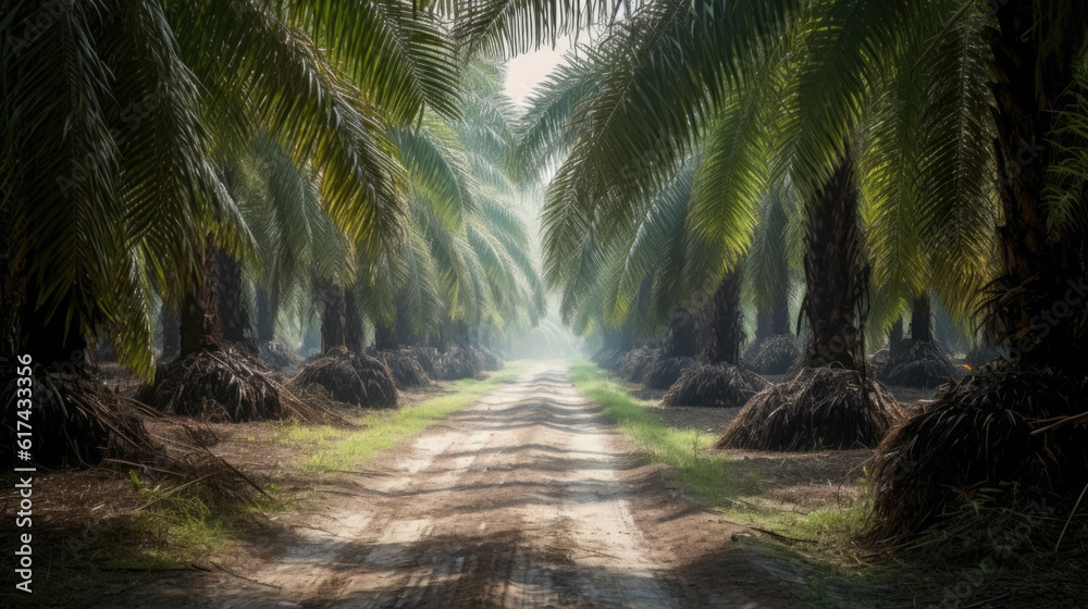 Obraz premium a path through a palm plantation. Generative AI