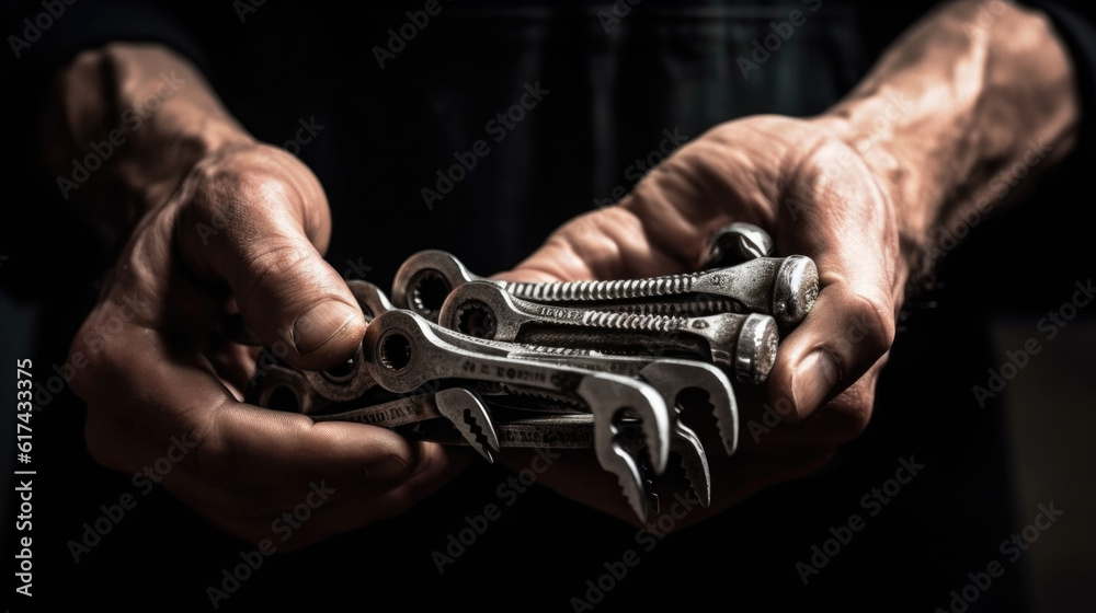 close up of a craftsman holding different open-end wrenches in his hands. Generative AI