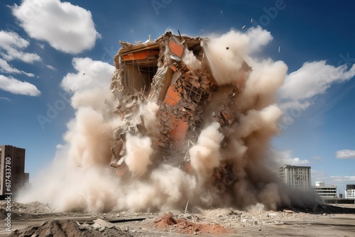 Building demolition by controlled implosion. Generative ai image. photo
