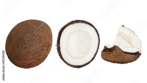 Set of whole coconuts and pieces of coconut on a blank background. PNG