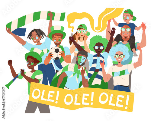People Crowd of Fans with Flag and Attribute Cheering for Sport Team Vector Illustration