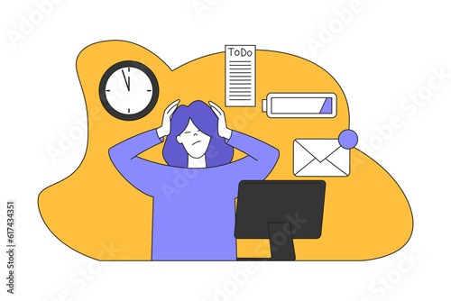 Young Woman at Computer Multitasking Accomplishing Task Having Deadline Vector Illustration