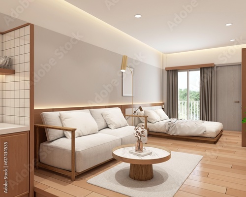 Modern japan style tiny room decorated with minimalist sofa and white bed  wood wall hiding lights and gray wall.3d rendering