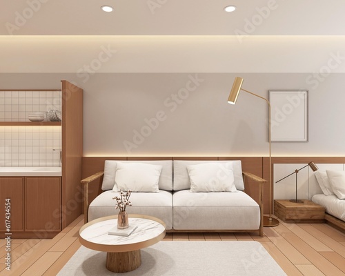 Modern japan style tiny room decorated with minimalist sofa and coffee table  wood wall hiding lights and gray wall.3d rendering