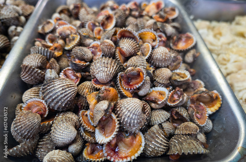 blood clam, Tegillarca granosa in scientific name , on display at seafood market. Close-up of raw sea cockles clams for stir fried clams, popular dish in Asia, China