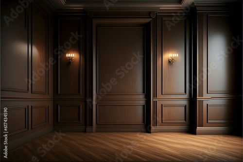 boiserie wall frontal view wide wooden floor all in brown color grading shot on a 35mm lens ultra HD realistic 