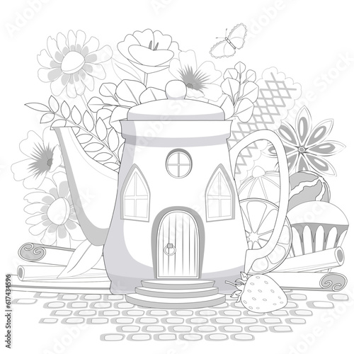 Cartoon fairytale tea pot house with flowers and  delicious. Coloring book page for adults. Vector illusrtation