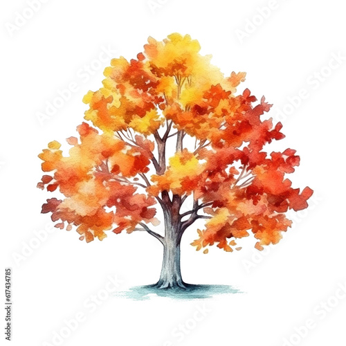 Watercolor Autumn Tree. Illustration Generative AI.