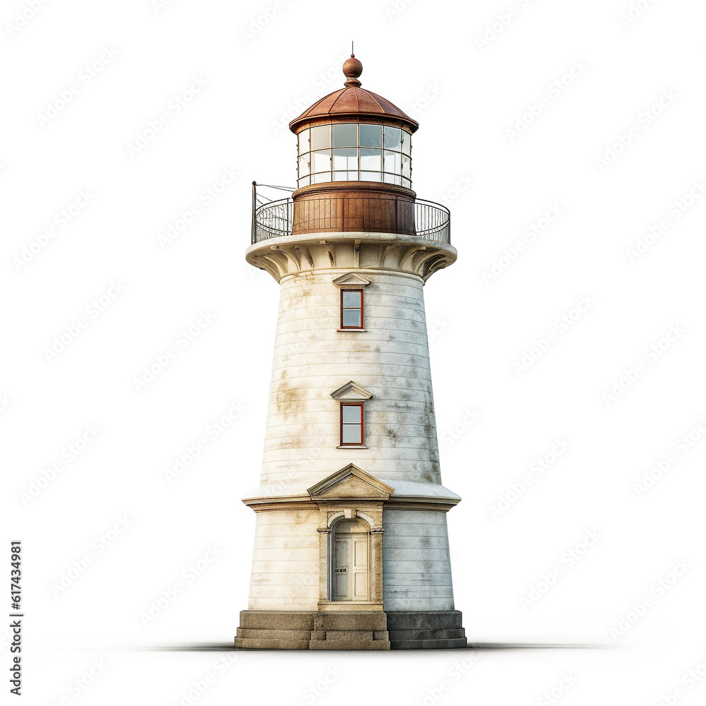 Old lighthouse isolated on white background. Painted in bright colors and built to guide ships approaching the coast.