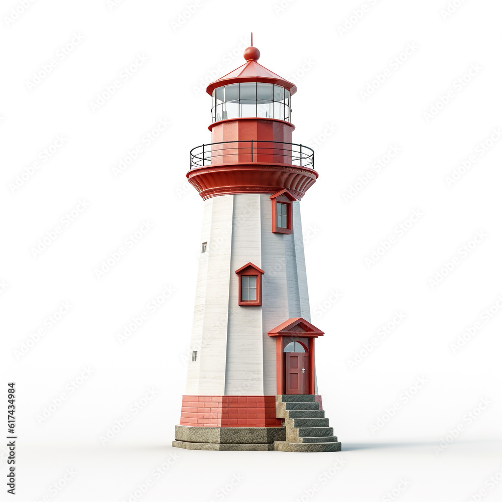 Old lighthouse isolated on white background. Painted in bright colors and built to guide ships approaching the coast.