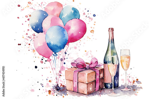 Birthday Watercolor Background. Illustration AI Generative.