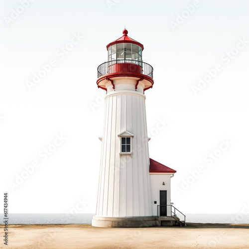 Old lighthouse isolated on white background. Painted in bright colors and built to guide ships approaching the coast.