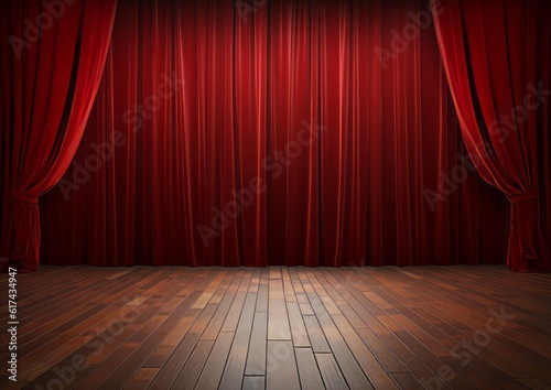 Red curtains theater scene stage backdrop. Curtain with space for copy. show background performance concert., Theater background, Empty scene with a red curtain, AI generative
