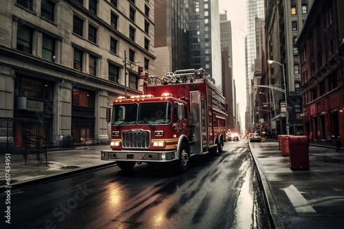 Fire truck is driving to the fire in the city. Generative ai image.