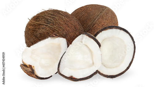 Set of whole coconuts and pieces of coconut on a blank background. PNG