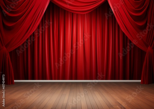 Red curtains theater scene stage backdrop. Curtain with space for copy. show background performance concert., Theater background, Empty scene with a red curtain, AI generative