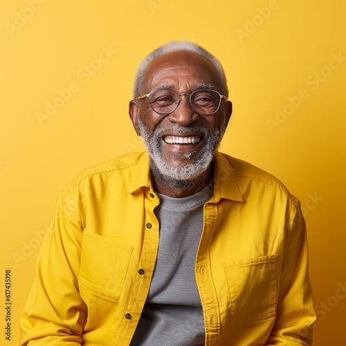Black senior man smiling on a yellow background. Generative AI.