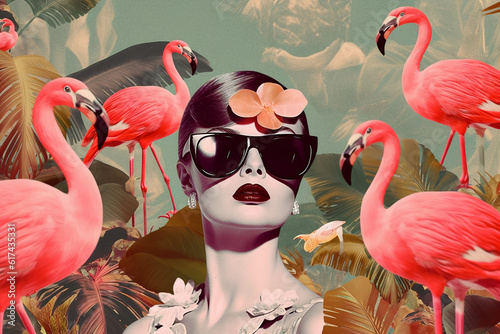 surreal pop style collage of a brunette model girl with big fashion sunglasses surrounded by green floral mostera type of leaves and pink flamingoes