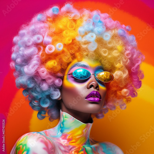 fashion portrait of a beautiful model girl with curly colorful hairstyle, on a surreal vibrant mood background