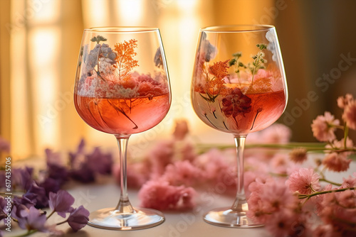 two  fresh  vitaminic  glasses drink with  floral design, romantic spring/summer mood
