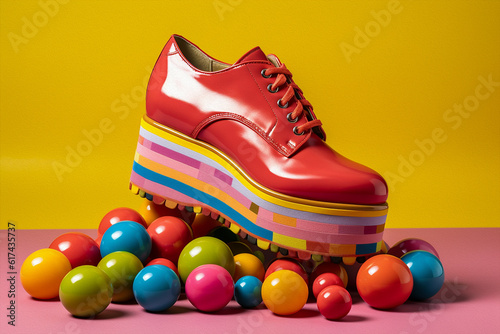 stylish platform shoes, on pop mood background, 70s wave, fashion product  still life