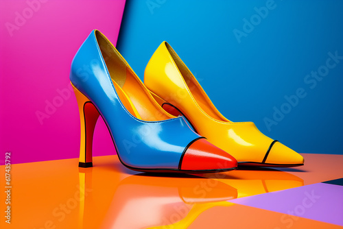 stiletto high heels shoes with pop brilliant shiny style, pop mood colors background, fashion product use