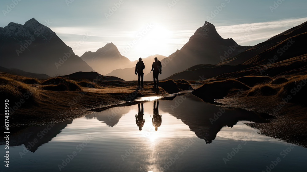 a couple goes hiking in the mountains in the foreground is a small lake in the evening. Generative AI
