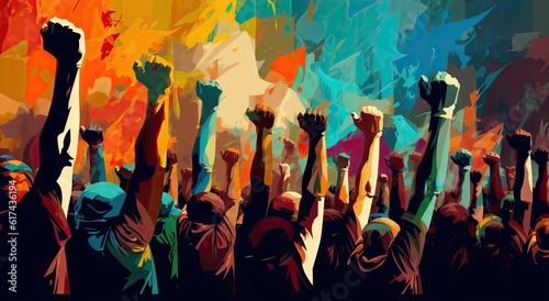 colorful protests with many people with hands raised Generative AI