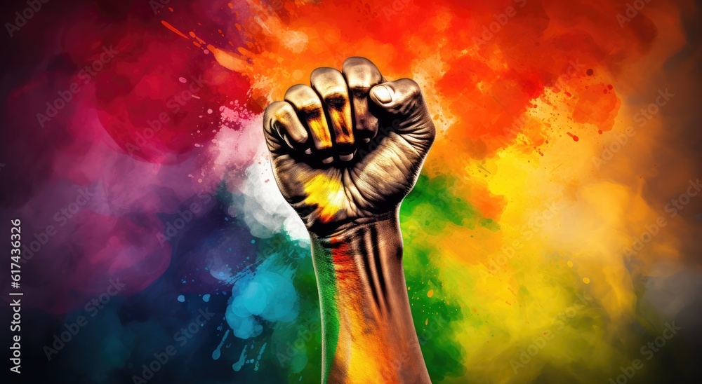 rainbow colored fist raised up in the air in a protest Generative Ai ...